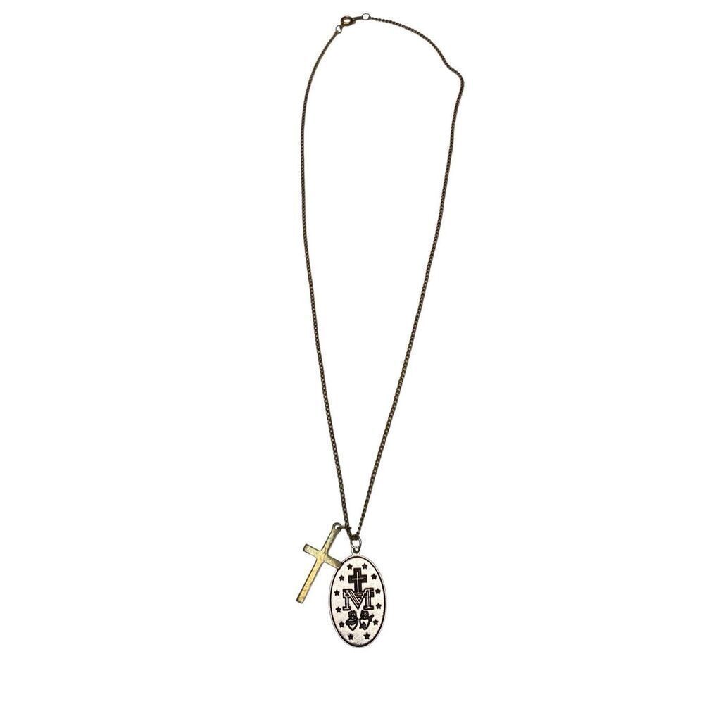 Vintage Miraculous Medal Cross Necklace Catholic Religious Pendant Gold Tone